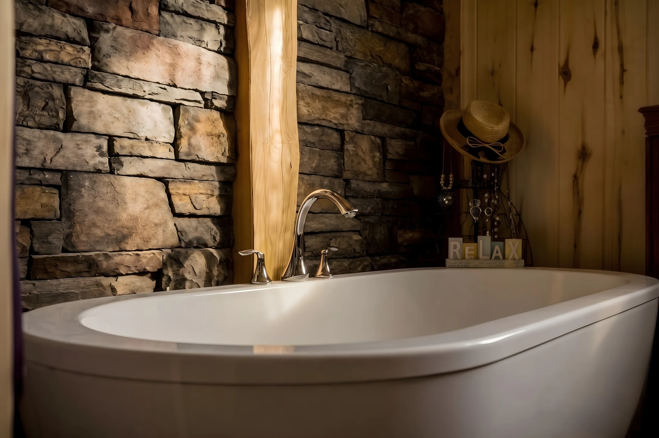 Freestanding bathtub beside a stone feature wall