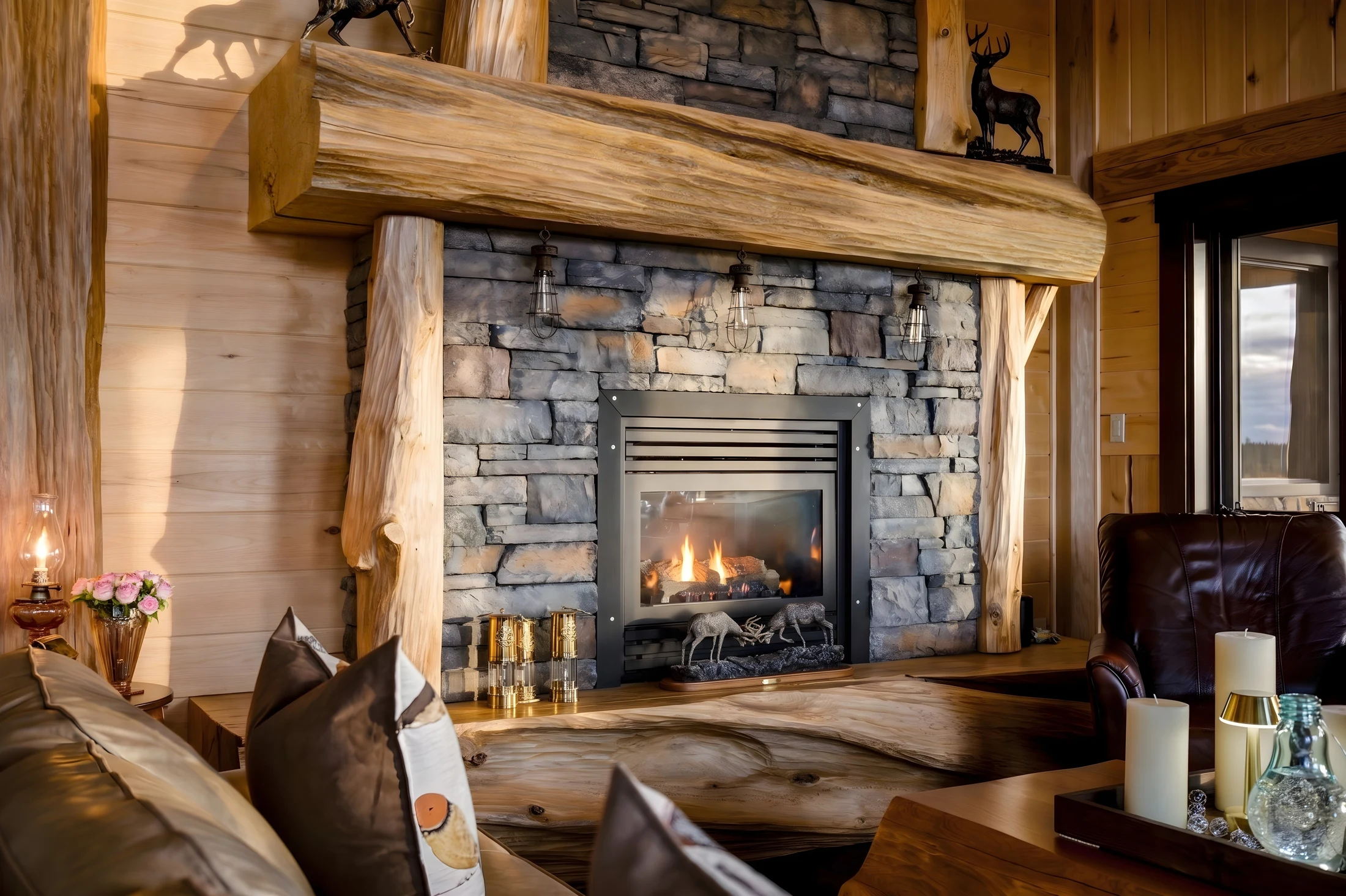 Natural stone fireplace framed by substantial log timbers